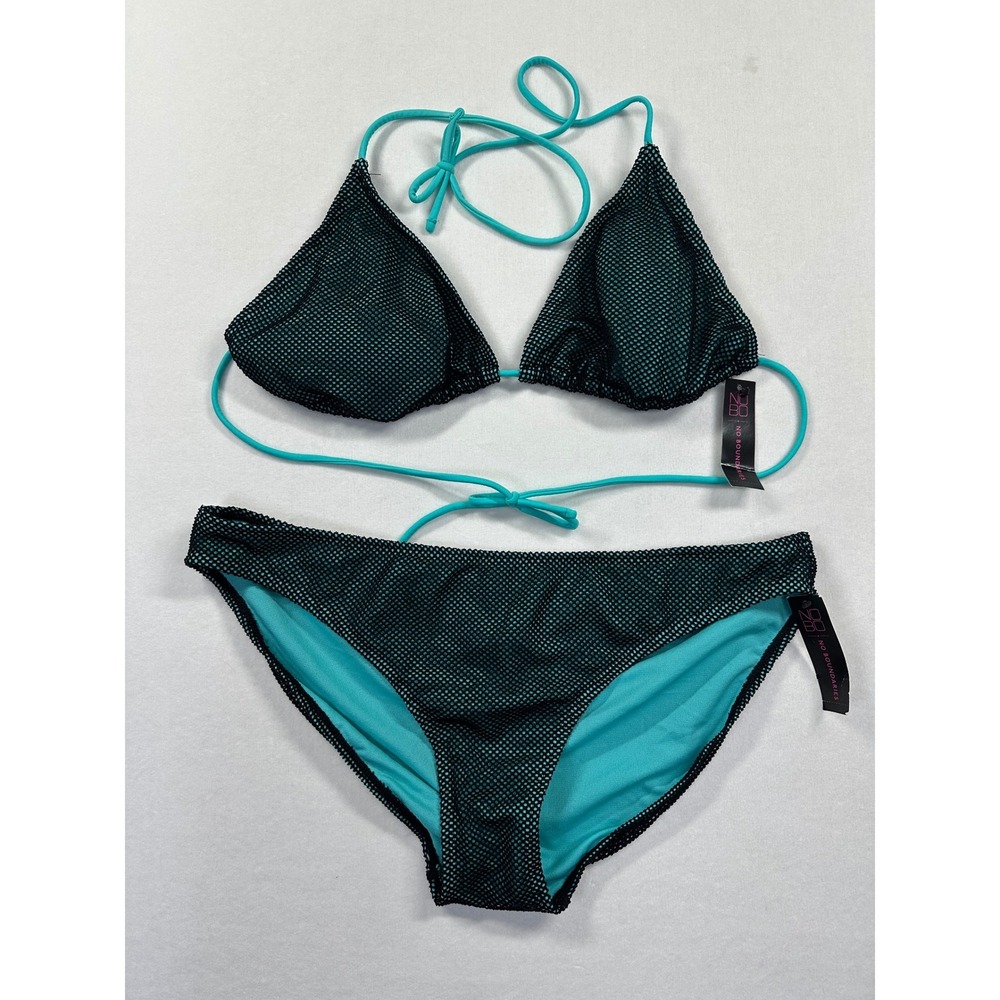 NWT Rich Black & Teal Mesh Triangle Bikini Set XL Two Piece Swimsuit Y2K String - Picture 2 of 14
